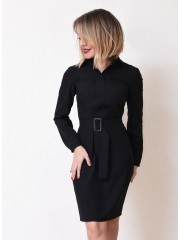 00795 Платье черное из костюмной ткани с нагрудными карманами и поясом